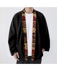 Buddha Stones Cotton Tribal Geometric Trim Pattern Open Front Men's Kimono - Black / US/UK/AU38，EU48 (M)