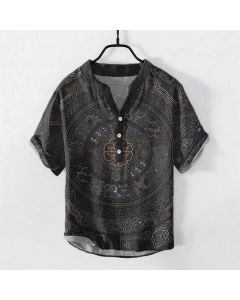 Buddha Stones Cotton Tribal Mandala Pattern Men's Short Sleeve Half Button Shirt - Black / US/UK/AU44，EU54 (2XL)