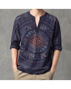 Buddha Stones Cotton Tribal Mandala Pattern V-Neck Buttons Men's Long Sleeve Shirts - Navy / US/UK/AU38，EU48 (M)