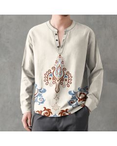 Buddha Stones Cotton Tribal Multicolored Geometric Pattern V-Neck Buttons Men's Long Sleeve Shirts - Linen / US/UK/AU38，EU48 (M)