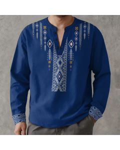 Buddha Stones Cotton Tribal Rhombus Geometric Pattern V-Neck Buttons Men's Long Sleeve Shirts - RoyalBlue / US/UK/AU38，EU48 (M)