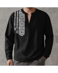 Buddha Stones Cotton Tribal Square Geometric Pattern V-Neck Buttons Men's Long Sleeve Shirts - Black / US/UK/AU38，EU48 (M)