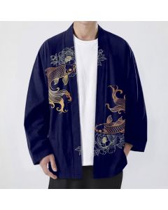 Buddha Stones Cotton Twin Koi Blossom Pattern Open Front Men's Kimono - Navy / US/UK/AU38，EU48 (M)