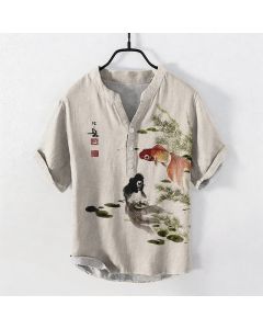 Buddha Stones Cotton Twin Koi Lotus Leaf Pattern Men's Short Sleeve Half Button Shirt - Beige / US/UK/AU38，EU48 (M)