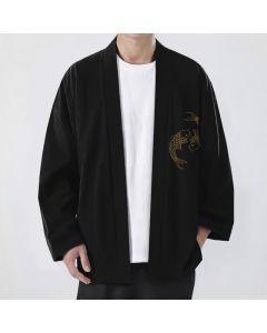 Buddha Stones Cotton Twin Koi Pattern Open Front Men's Kimono - Black / US/UK/AU38，EU48 (M)