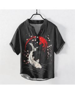 Buddha Stones Cotton Twin Koi Sakura Pattern Men's Short Sleeve Half Button Shirt - Black / US/UK/AU38，EU48 (M)