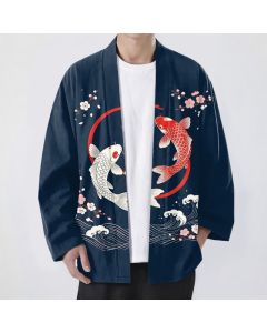 Buddha Stones Cotton Twin Koi Sakura Waves Pattern Open Front Men's Kimono - Navy / US/UK/AU38，EU48 (M)