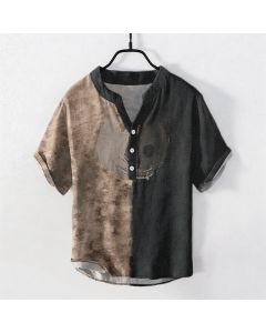 Buddha Stones Cotton Two Tone Taiji Ink Print Men's Short Sleeve Half Button Shirt - WhiteSmoke / US/UK/AU50，EU60 (5XL)