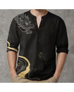 Buddha Stones Cotton Vintage Dragon Art Pattern V-Neck Buttons Men's Long Sleeve Shirts - Black / US/UK/AU38，EU48 (M)