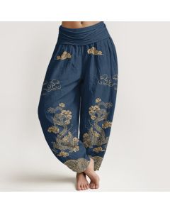 Buddha Stones Cotton Vintage Dragon Swirl Cloud Pattern Women's Elastic Waist Harem Pants - Navy / US2，UK/AU6，EU34 (XS)