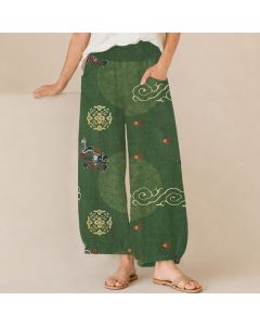 Buddha Stones Cotton Vintage Dragon Totem Pattern Pleated Elastic Waist Women's Harem Pants With Pockets - ForestGreen / US2，UK/AU6，EU34 (XS)