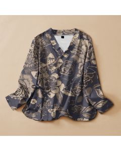 Buddha Stones Cotton Vintage Floral Print Hanfu Style Wrap V-Neck Lace-up Women's Long Sleeve Shirts - DarkSlateBlue / US4，UK/AU8，EU36 (S)