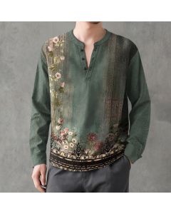 Buddha Stones Cotton Vintage Floral Vine Pattern V-Neck Buttons Men's Long Sleeve Shirts - SeaGreen / US/UK/AU38，EU48 (M)