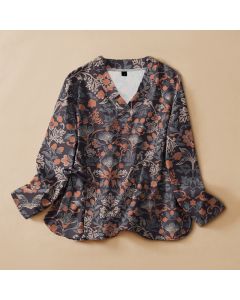 Buddha Stones Cotton Vintage Floral Vine Print Hanfu Style Wrap V-Neck Lace-up Women's Long Sleeve Shirts - DimGray / US4，UK/AU8，EU36 (S)