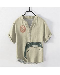 Buddha Stones Cotton Vintage Frog Seal Pattern Men's Short Sleeve Half Button Shirt - Beige / US/UK/AU40，EU50 (L)
