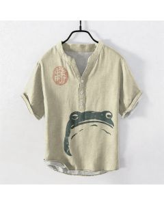 Buddha Stones Cotton Vintage Frog Stamp Pattern Men's Short Sleeve Half Button Shirt - Beige / US/UK/AU38，EU48 (M)