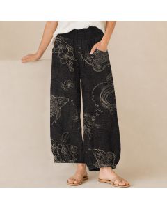 Buddha Stones Cotton Vintage Koi Fish Floral Pattern Pleated Elastic Waist Women's Harem Pants With Pockets - Black / US2，UK/AU6，EU34 (XS)