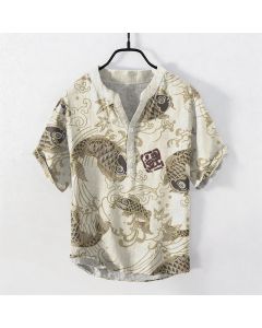 Buddha Stones Cotton Vintage Koi Wave Pattern Men's Short Sleeve Half Button Shirt - Beige / US/UK/AU38，EU48 (M)