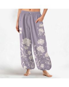 Buddha Stones Cotton Vintage Lotus Bloom Pattern Women's Elastic Waist Harem Pants With Side Pockets - PaleGreen / US2，UK/AU6，EU34 (XS)