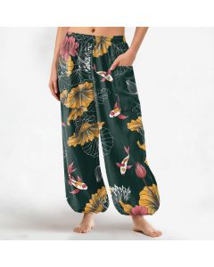 Buddha Stones Cotton Vintage Lotus Koi Floral Pattern Women's Elastic Waist Harem Pants With Side Pockets - DarkGreen / US2，UK/AU6，EU34 (XS)
