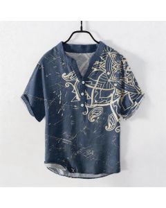 Buddha Stones Cotton Vintage Mandala Floral Pattern Men's Short Sleeve Half Button Shirt - Navy / US/UK/AU38，EU48 (M)