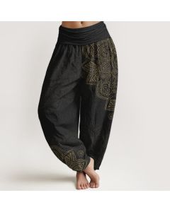 Buddha Stones Cotton Vintage Mandala Vine Pattern Women's Elastic Waist Harem Pants - Black / US2，UK/AU6，EU34 (XS)