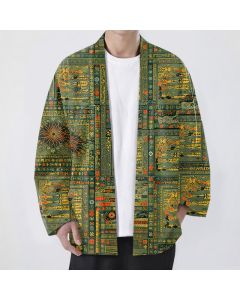 Buddha Stones Cotton Vintage Multicolored Patchwork Floral Pattern Open Front Men's Kimono - MediumTurquoise / US/UK/AU38，EU48 (M)
