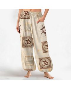 Buddha Stones Cotton Vintage Om Sun Pattern Women's Elastic Waist Harem Pants With Side Pockets - Aquamarine / US2，UK/AU6，EU34 (XS)