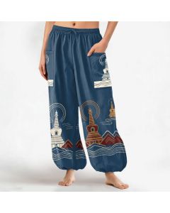 Buddha Stones Cotton Vintage Pagoda Scenic Pattern Women's Elastic Waist Harem Pants With Side Pockets - SteelBlue / US2，UK/AU6，EU34 (XS)