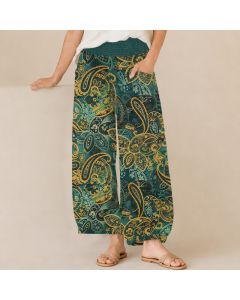 Buddha Stones Cotton Vintage Paisley Floral Pattern Pleated Elastic Waist Women's Harem Pants With Pockets - Teal / US2，UK/AU6，EU34 (XS)