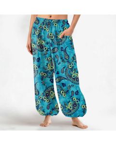 Buddha Stones Cotton Vintage Paisley Floral Pattern Women's Elastic Waist Harem Pants With Side Pockets - Aquamarine / US2，UK/AU6，EU34 (XS)