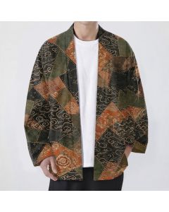 Buddha Stones Cotton Vintage Patchwork Waves Pattern Open Front Men's Kimono - Black / US/UK/AU38，EU48 (M)