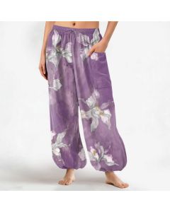 Buddha Stones Cotton Vintage White Floral Pattern Women's Elastic Waist Harem Pants With Side Pockets - SteelBlue / US12，UK/AU16，EU44 (XL)