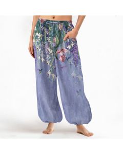 Buddha Stones Cotton Vintage Wisteria Birds Floral Pattern Women's Elastic Waist Harem Pants With Side Pockets - MediumTurquoise / US2,UK/AU6,EU34 (XS)