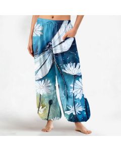 Buddha Stones Cotton Watercolor Dragonfly Daisy Pattern Women's Elastic Waist Harem Pants With Side Pockets - DeepSkyBlue / US2，UK/AU6，EU34 (XS)