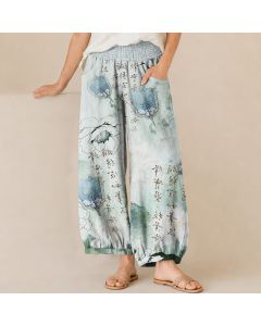 Buddha Stones Cotton Watercolor Floral Calligraphy Pattern Pleated Elastic Waist Women's Harem Pants With Pockets - PaleTurquoise / US2，UK/AU6，EU34 (XS)