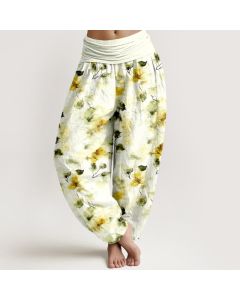 Buddha Stones Cotton Watercolor Floral Leaf Pattern Women's Elastic Waist Harem Pants - Khaki / US16，UK/AU20，EU48 (3XL)
