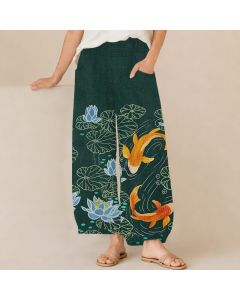 Buddha Stones Cotton Watercolor Lotus Koi Pattern Pleated Elastic Waist Women's Harem Pants With Pockets - DarkSlateGray / US2，UK/AU6，EU34 (XS)