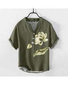 Buddha Stones Cotton Watercolor Lotus Pattern Men's Short Sleeve Half Button Shirt - SteelBlue / US/UK/AU44，EU54 (2XL)