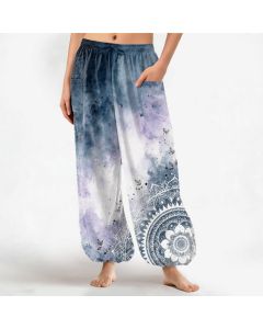 Buddha Stones Cotton Watercolor Ombre Mandala Lotus Pattern Women's Elastic Waist Harem Pants With Side Pockets - SteelBlue / US2，UK/AU6，EU34 (XS)