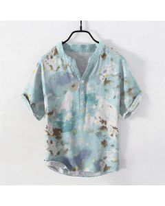 Buddha Stones Cotton Watercolor Splash Men's Short Sleeve Half Button Shirt - PaleTurquoise / US/UK/AU38，EU48 (M)