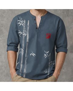 Buddha Stones Cotton White Bamboo Pattern V-Neck Buttons Men's Long Sleeve Shirts - Teal / US/UK/AU38，EU48 (M)