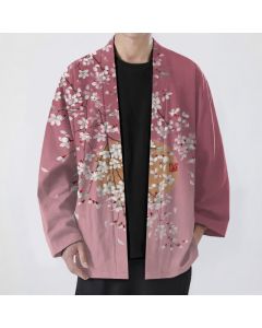 Buddha Stones Cotton White Cherry Blossom Pattern Open Front Men's Kimono - Teal / US/UK/AU38，EU48 (M)