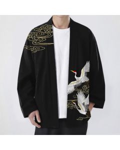 Buddha Stones Cotton White Crane Auspicious Cloud Pattern Open Front Men's Kimono - Black / US/UK/AU38,EU48 (M)