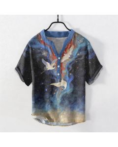Buddha Stones Cotton White Crane Cloudscape Pattern Men's Short Sleeve Half Button Shirt - Navy / US/UK/AU38，EU48 (M)