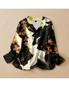 Buddha Stones Cotton White Crane Floral Print Hanfu Style Wrap V-Neck Lace-up Women's Long Sleeve Shirts Kimono - Turquoise / US4，UK/AU8，EU36 (S)