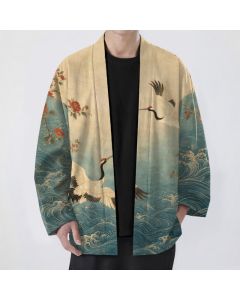 Buddha Stones Cotton White Crane Floral Waves Pattern Open Front Men's Kimono - Teal / US/UK/AU38，EU48 (M)