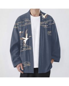 Buddha Stones Cotton White Crane Gold Cloud Pattern Open Front Men's Kimono - SteelBlue / US/UK/AU38，EU48 (M)