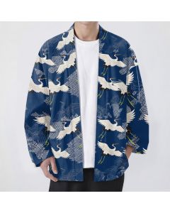 Buddha Stones Cotton White Crane Ripple Pattern Open Front Men's Kimono - Navy / US/UK/AU38，EU48 (M)