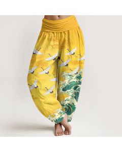 Buddha Stones Cotton White Crane Sea Wave Pattern Women's Elastic Waist Harem Pants - MediumTurquoise / US2，UK/AU6，EU34 (XS)